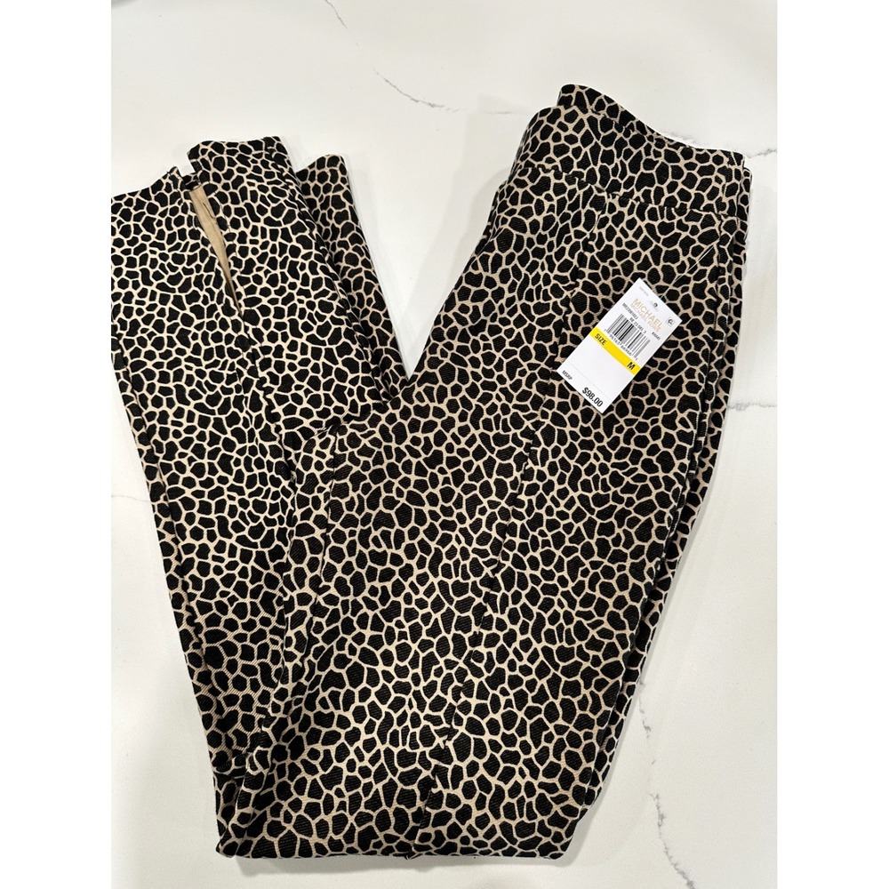 Michael Kors Women Giraffe Animal Print Slim Leg Ankle Slit Pants Tan Black M
